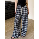 2025  spring new plaid fashion casual pants high waist and thin versatile lace-up straight wide-leg pants 25068