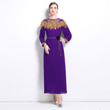senior celebrity Fan Heavy Industry bead dress skirt temperament imperial sister Fan lantern sleeve pleated loose long dress