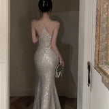2025 Design sense niche  streamer silver sequins banquet atmosphere suspender dress long dress temperament inner dress