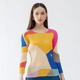Miyake new color matching bottoming shirt for women's spring and autumn design Korean version round neck slim-fitting long-sleeved t-shirt top for women