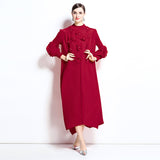 Miyake three-dimensional flower long dress women's new solid color bead applique bubble sleeve disc flower semi-turtleneck pleated dress