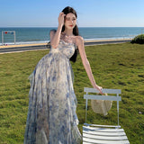 2025 blue floral neck dress women's summer niche design irregular waist backless sleeveless long skirt