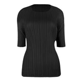 Miyake summer new Korean version simple basic solid color round neck pleated t-shirt slim and thin bottoming shirt top