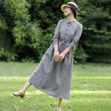 Export last order 4 autumn new retro literary plaid cotton and linen dress waist thin shirt skirt women