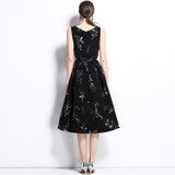 retro square collar sleeveless heavy industry bronzing jacquard waist pendulum dress socialite elegant dress long dress