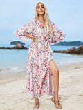 Popular trade 2025 women's clothing 2025 summer V-neck ruffle edge split long dress with strap waist print dress