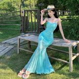 2025 light green printed mesh suspender dress women's summer seaside vacation pure desire sexy fishtail hip wrap dress
