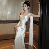 2025 high-end sense niche satin temperament suspender morning robe female bride engagement certificate white dress photo dress