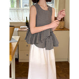 2025 Orange Zhi's new spring black and white plaid sleeveless vest shirt women's design sense irregular ruffle edge top 5897