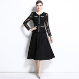 Popular trade year women's clothing temperament socialite  fake two-piece lace crochet pleated long-sleeved pleated dress women