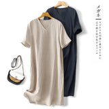 spring and summer new cotton and linen V-neck loose and thin versatile commuter dress large size robe casual women