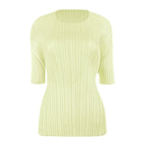 Miyake summer new Korean version simple basic solid color round neck pleated t-shirt slim and thin bottoming shirt top