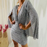 's new  autumn clothing sexy v-neck hip-wrapped irregular short skirt sequined dress