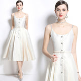 high-end dress temperament square collar waist thin medium and long large pendulum sleeveless vest skirt celebrity dress