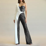 new  New e-commerce independent station women's clothing silver splicing sequins single shoulder fashion sequined jumpsuit