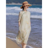 Chinese style ramie cotton dress women's summer fresh and chic cotton and linen women's clothing stand-up collar buckle high-end dress