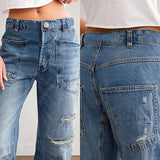 2025 Spot  new  New retro ripped jeans casual splicing banana pants loose straight pants women