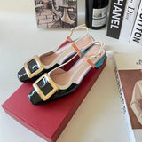 New Square Buckle Closed Toe Sandals Chunky Heel Patent Leather Color-Matching Sandals Mid Heel Ankle-Strap Shoes