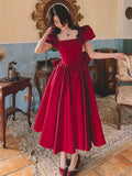 woloong Solid Color Dress for Women Spring Summer New Beaded Bow Square Collar Short Sleeve Mid-length A-line Skirt Female Clothing