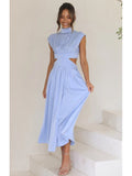 Stand Collar Waist Cut Out Women Summer Midi Dress Green Sleeveless A-line Holiday Beach Solid Vestidos Party New Robe