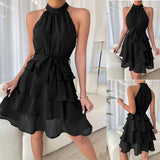 woloong Women Soild Ruffle Design Dress Halter Neck Dress Casual Sweet Style Dress Grace Sleeveless Dress Women Summer Dress