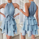 woloong Women Soild Ruffle Design Dress Halter Neck Dress Casual Sweet Style Dress Grace Sleeveless Dress Women Summer Dress