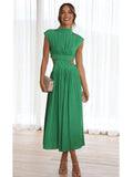 Stand Collar Waist Cut Out Women Summer Midi Dress Green Sleeveless A-line Holiday Beach Solid Vestidos Party New Robe