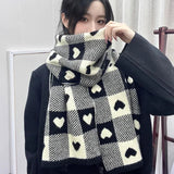 Knitted Scarf Love Heart Scarf Black White Plaid Scarf Thickened Warm Winter Women's Scarves Christmas New Year Gifts Black