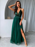 woloong Mesh Sequins V-neck Dress Women New Cocktail Party Dresses Backless Summer Maxi Long Bodycon Dress Elegant Dress