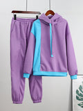 Casual Hooded Sweatshirt Women Suit Spliced Long Sleeve Pullover Female 2 Piece Sets  Elastic Waist Jogging Pants Lady Set