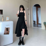 woloong Black Spaghetti Strap Dress Goth Women Summer Elegant Sexy Party Solio Irregular Gothic Long Dress Korean Style Clothes New