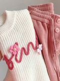 Urban Lovely Suits Short Flower Letter Knitted Sweater + Women Design Wide-leg Casual Pants Milky Kawaii Set/Single Piece