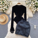 woloong Autumn Long Sleeves Bodysuits  Women O Neck Open Crotch Velvet Slim Playsuits+Plush Sexy Mini Skirt Suits