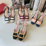 New Square Buckle Closed Toe Sandals Chunky Heel Patent Leather Color-Matching Sandals Mid Heel Ankle-Strap Shoes
