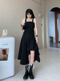 woloong Black Spaghetti Strap Dress Goth Women Summer Elegant Sexy Party Solio Irregular Gothic Long Dress Korean Style Clothes New