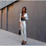 Chic Silvery Women's Pants Set Fashion Lapel Single Breasted Crop Jacket Straight Trousers Suit  Autumn Lady Elegant Outfit