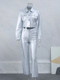 Chic Silvery Women's Pants Set Fashion Lapel Single Breasted Crop Jacket Straight Trousers Suit  Autumn Lady Elegant Outfit