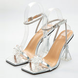 New Clear Flowers Design PVC Transparent Sandals For Women Chic Style High Heels Sexy Rhinestone Ankle Strap Dress Shoes