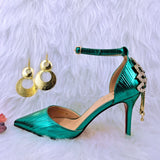 woloong New Arrival Sexy High Heel Pointed Elegant Noble Green Color Ladies Shoes and Bag Set For Any Occasion