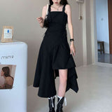 woloong Black Spaghetti Strap Dress Goth Women Summer Elegant Sexy Party Solio Irregular Gothic Long Dress Korean Style Clothes New