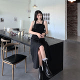 woloong Black Spaghetti Strap Dress Goth Women Summer Elegant Sexy Party Solio Irregular Gothic Long Dress Korean Style Clothes New
