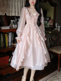 woloong Autumn Vintage Party Midi Dress Women Pink Fairy Korean Style Sweet Dress Female Bubble Sleeve Elegant Evening Party Dress