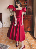 woloong Solid Color Dress for Women Spring Summer New Beaded Bow Square Collar Short Sleeve Mid-length A-line Skirt Female Clothing