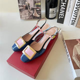 New Square Buckle Closed Toe Sandals Chunky Heel Patent Leather Color-Matching Sandals Mid Heel Ankle-Strap Shoes