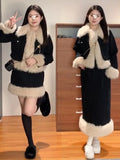 Winter Warm Black Elegant Clothing Suit Korean Fashion 2 Piece Set Thicken Coat Jacket + Slim Mini Skirt Woman Comfortable