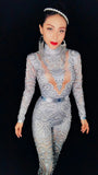 woloong Flashing Silver Rhinestones Spandex Women Jumpsuit Birthday Celebrate Bar Outfit Singer Dance Wear Leggings Stage Queen Costume