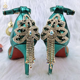 woloong New Arrival Sexy High Heel Pointed Elegant Noble Green Color Ladies Shoes and Bag Set For Any Occasion