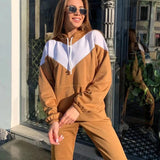 Casual Hooded Sweatshirt Women Suit Spliced Long Sleeve Pullover Female 2 Piece Sets  Elastic Waist Jogging Pants Lady Set