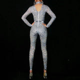 woloong Flashing Silver Rhinestones Spandex Women Jumpsuit Birthday Celebrate Bar Outfit Singer Dance Wear Leggings Stage Queen Costume