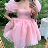 woloong Fairy Dress Pink Dress New Summer Organza Fairy Dress Female Sweet Puff Sleeves Mesh Square Collar Princess Dress Women's Clothing
